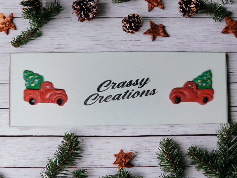 Itty Bitty Tiny Red Truck Carrying Christmas Tree Stud Earrings